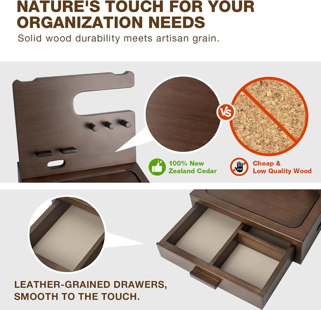 Solid Wood Nightstand Organizer, Docking Station, Gifts for Men, Made of Cedar, Versatile Bedside Table Organizer for Cellphone, Watch, Headphone, Keys, Dark Walnut