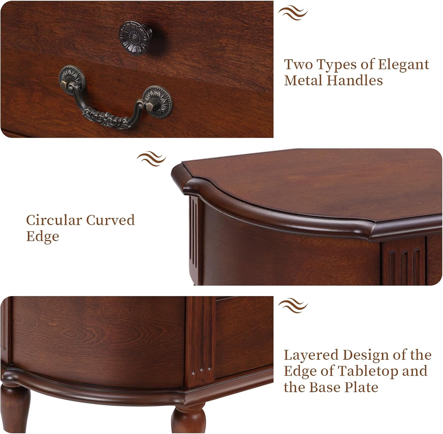 LKTART 43" Half Moon Console Table, Solid Wood Retro Curved Console Table Entryway Table Sofa Table with Solid Pine Roman Legs 3 Drawers 1 Open Shelf for Living Room,Foyer,Hallway(Cherry)