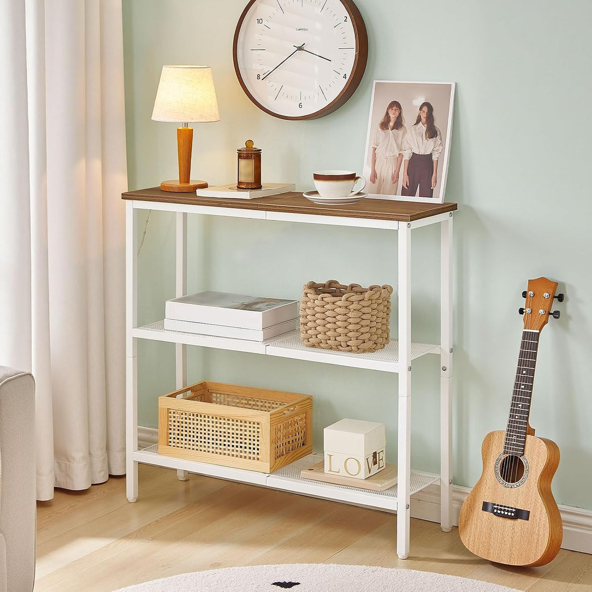 HOOBRO 29.5" Narrow Console Table, 3 Tier Entryway Table with Shelves, Thin Sofa Table, Behind Couch Table, Display Side Table, for Hallway, Entrance, Living Room, Walnut and White WH73XG01