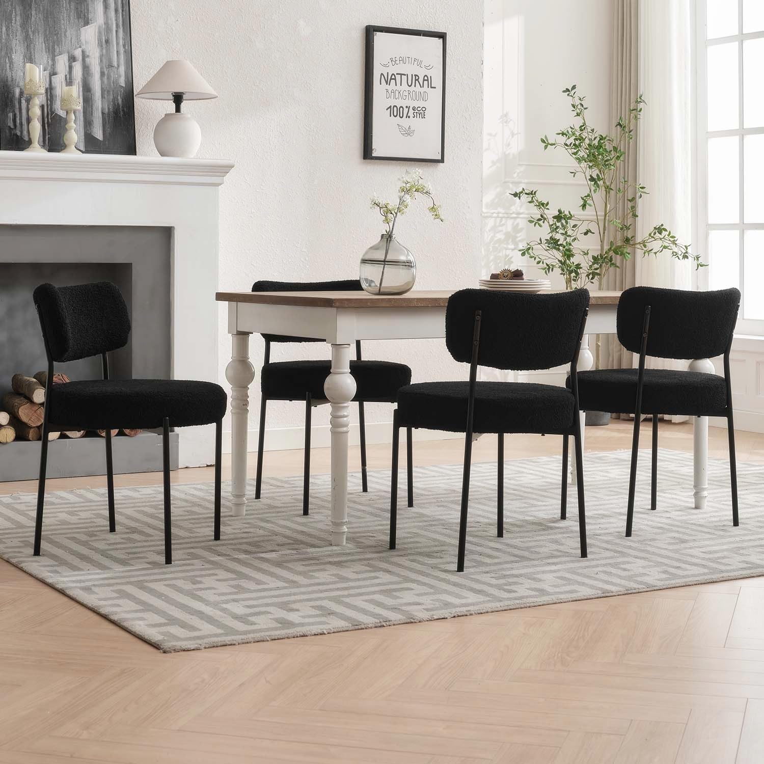 Black Boucle Dining Chairs Set of 2, Mid Century Modern Dining Room Chair with Curved Backrest & Metal Legs, Round Upholstered Dining Chairs for Kitchen, Living Room