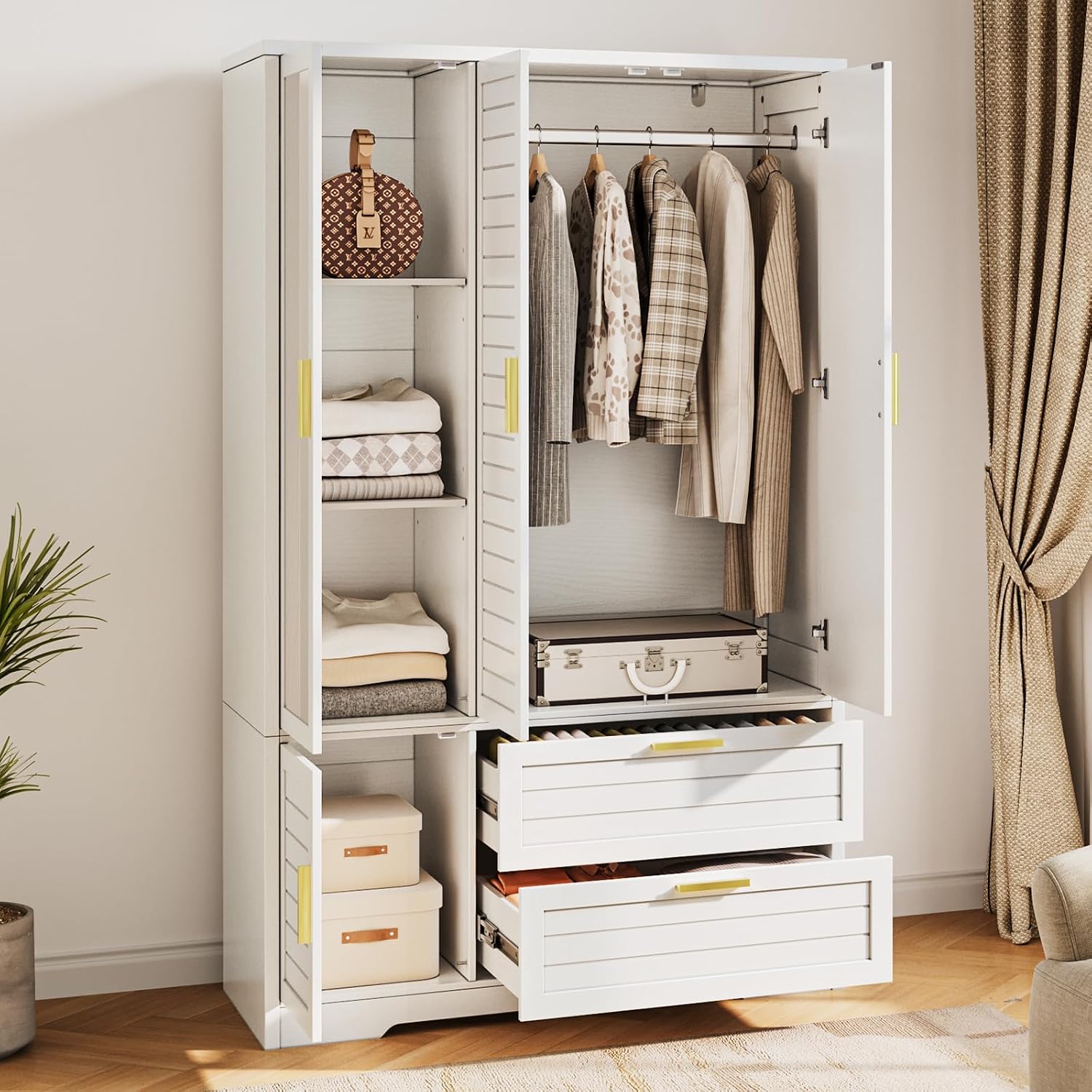 Armoire Wardrobe Closet with Mirror - 71“ Wood Clothing Storage Cabinet, Wardrobe Closet with Doors & 2 Drawers, Freestanding Bedroom Armoires and Wardrobes for Hanging Clothes, 3 Doors, White