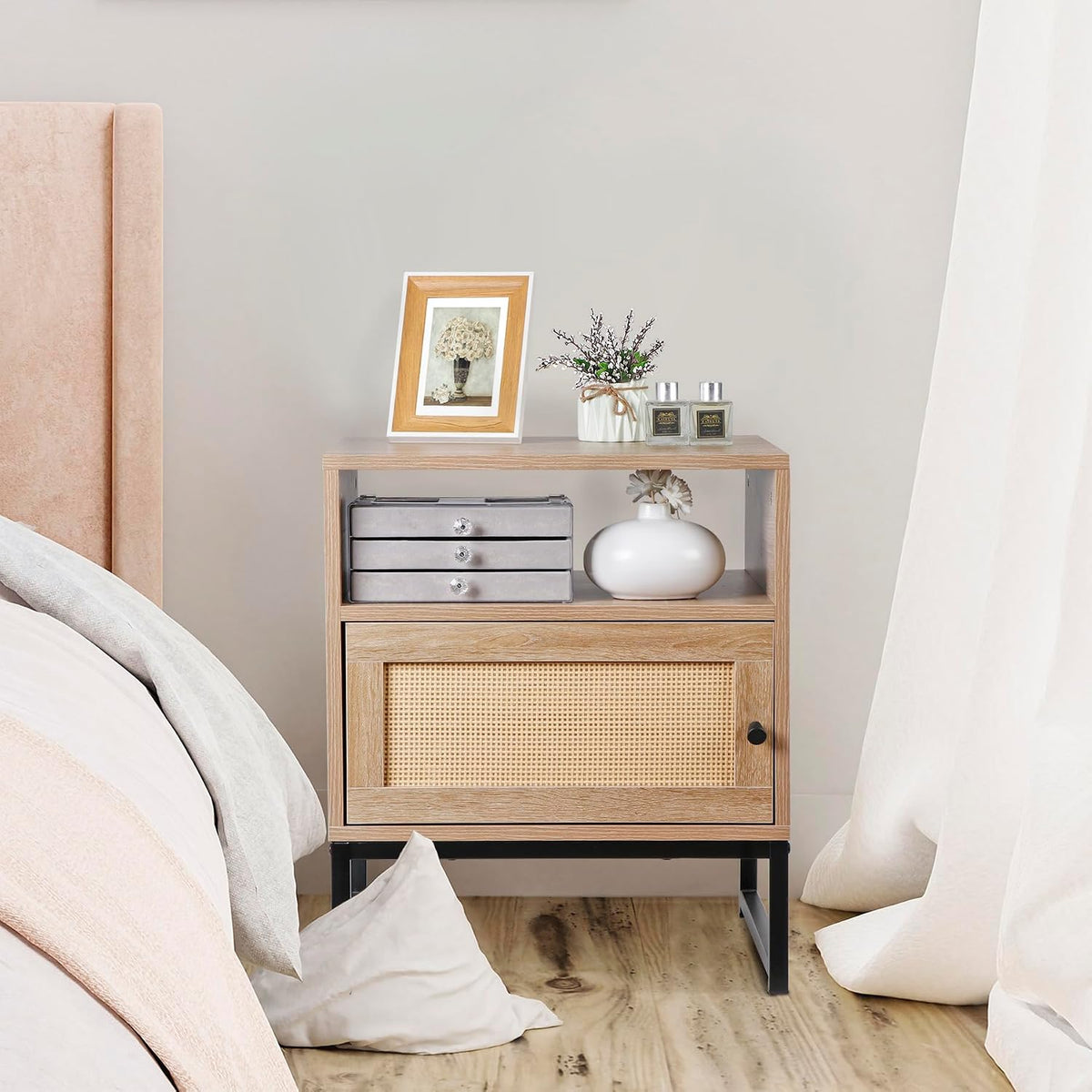Nightstands End Table, PE Rattan Decor Drawer Opening Shelf, Set of 2 Bed Side Tables with Solid Steel Feet,for Bedroom Living Room Hallway, Natural