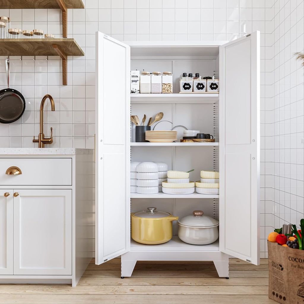 COFaR White Farmhouse Storage Kitchen Pantry Cabinet with 2 Barn Door, 3 Adjustable Shelves and Legs, for Cupboard/Dining Room/Bathroom/Living Room/Office/Laundry Room (White, 61" Farmhouse)