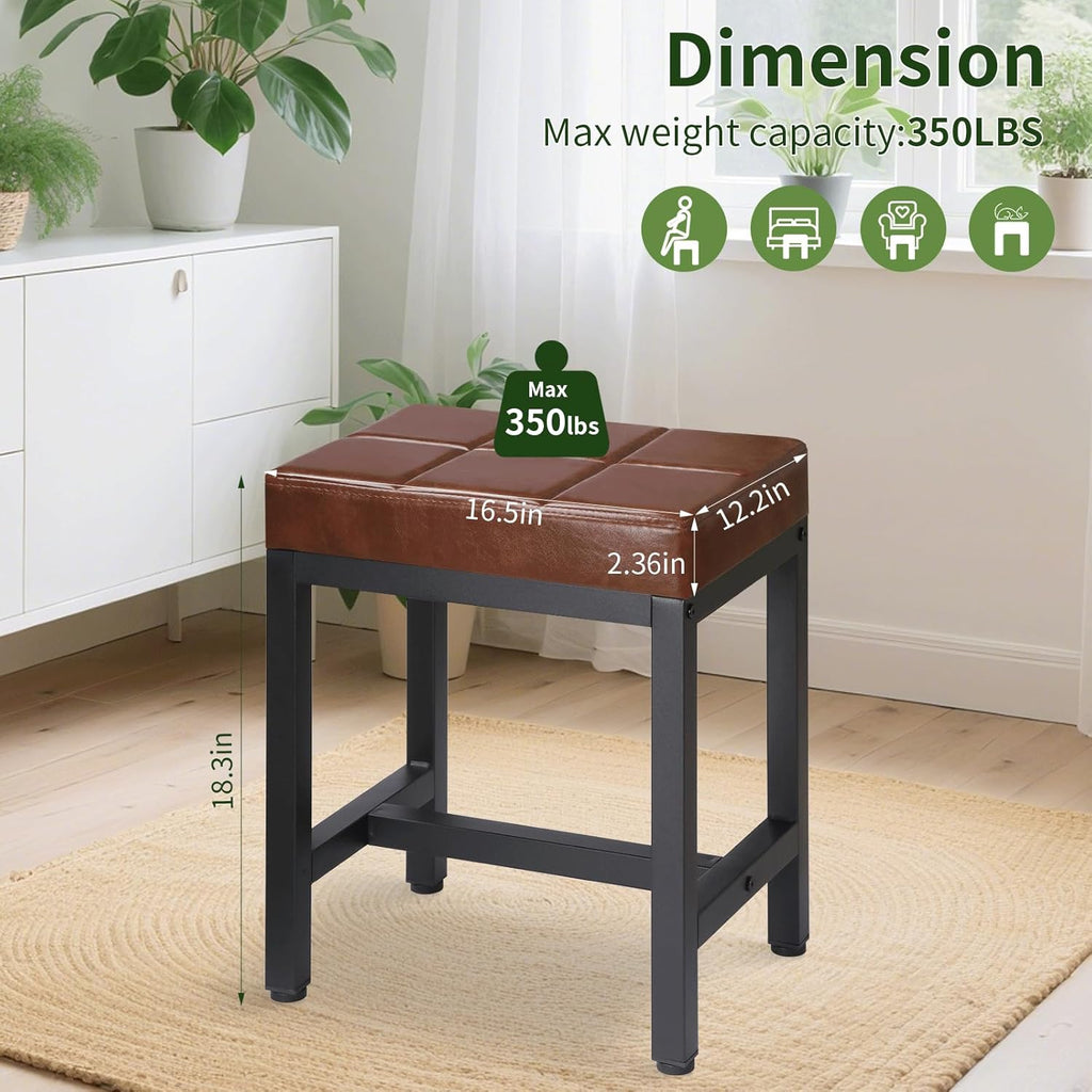 Vanity Stool, Vanity Chair for Makeup Room, Square Faux Leather Small Ottoman Foot Stool with Metal Legs, Modern Makeup Chair for Bedroom, Living Room, Brown
