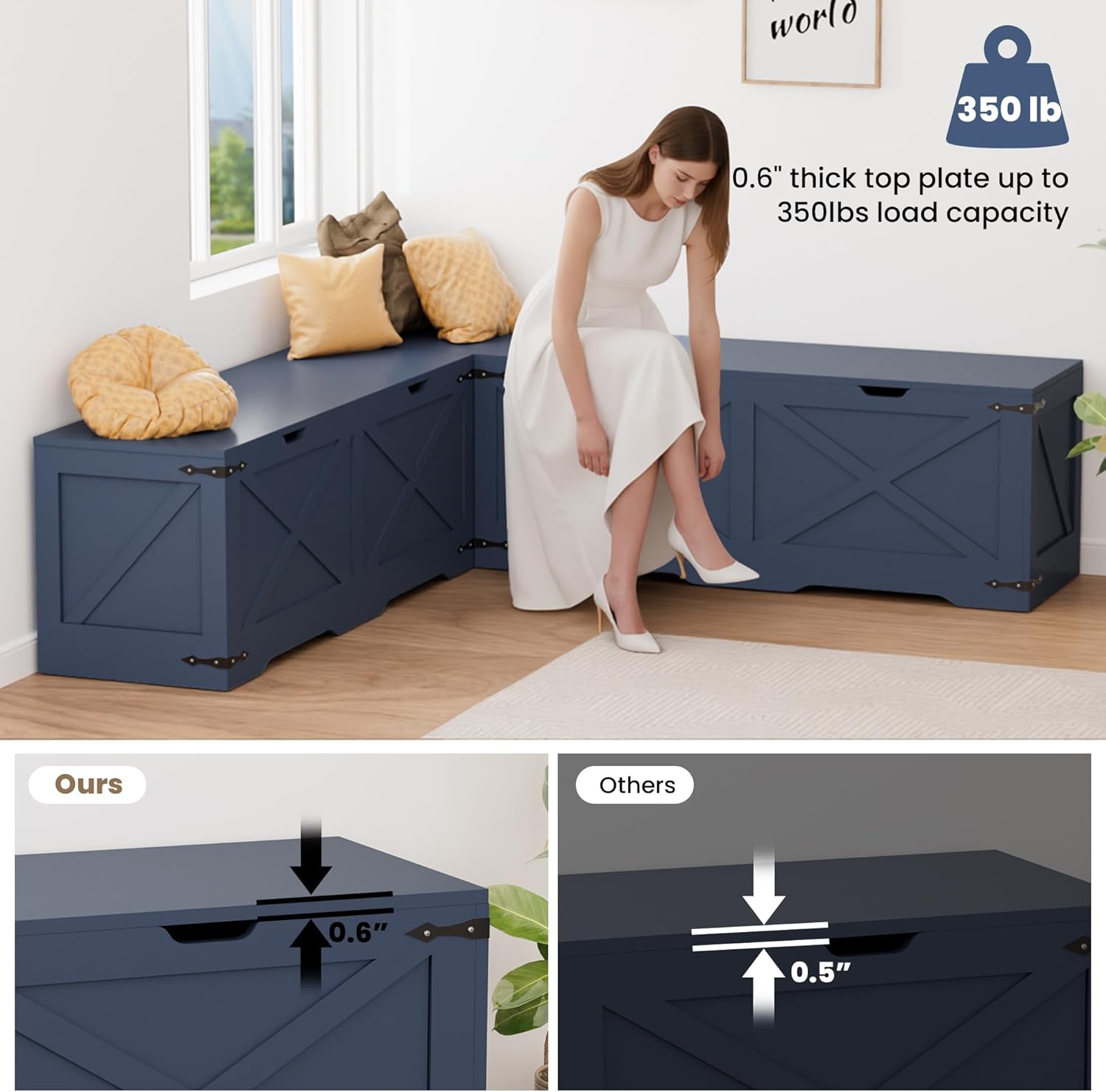 L Shape Storage Bench, Backless Farmhouse Kitchen Breakfast Nook Bench, Corner Bench with Storage for Dining Room, Entryway, Cloakroom