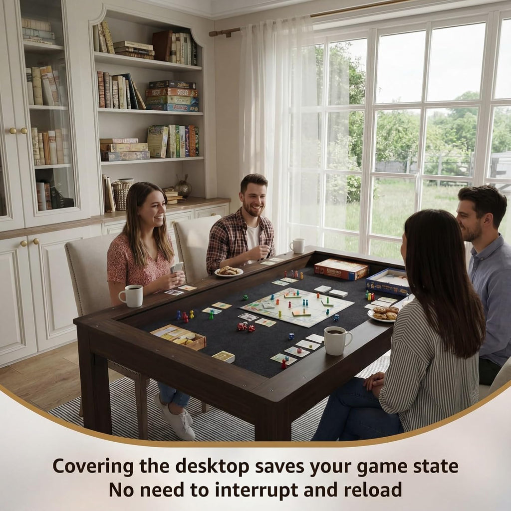 MOUMON 63” Board Game Table for 4-6 Players, Gaming & Dining Table with Removable Tabletop and Felt Pad for Poker Card, Dinner, 55” x 29” Play Area, Rectangular, Walnut, 63”W x 37.4”D x 29.7”H