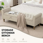65" Oversize Storage Ottoman Bench, Fleece Upholstered End of Bed Benches with Rolled Armrest, Modern King Size Benches with Rolled Armrest, Window Bench (Griege+Dual-Cover)