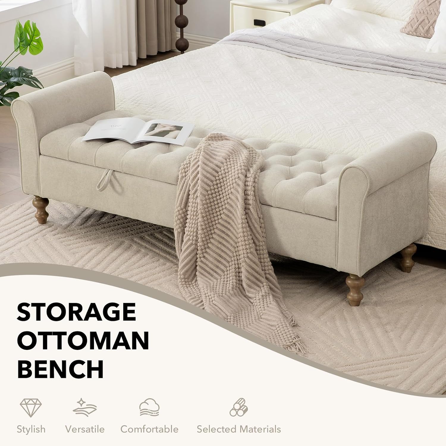 65" Oversize Storage Ottoman Bench, Fleece Upholstered End of Bed Benches with Rolled Armrest, Modern King Size Benches with Rolled Armrest, Window Bench (Griege+Dual-Cover)