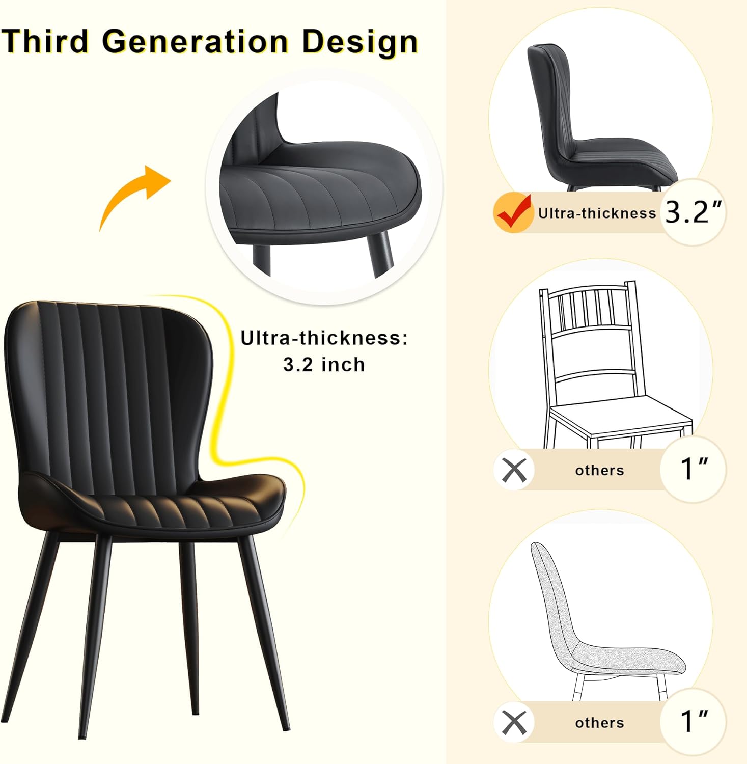 Dining Chairs Set of 6,Black Leather Dining Chair Upholstered,Kitchen Chair,Modern Dining Room Chairs with Black Metal Legs Frame for Restaurant,Dining Room,Cafe