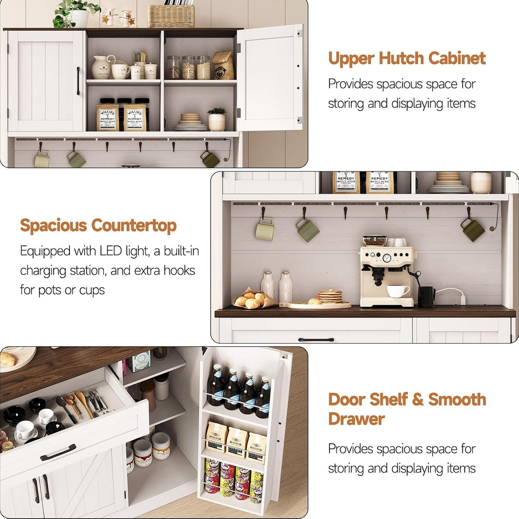 ONBRILL 71" Kitchen Pantry Cabinet with LED Light/Outlet, Off White+Walnut | Pantry Cabinet, Kitchen Hutch with Microwave Shelf & 6 Hooks, Door Shelves & Drawer & Adjustable Shelves, for Dining Room