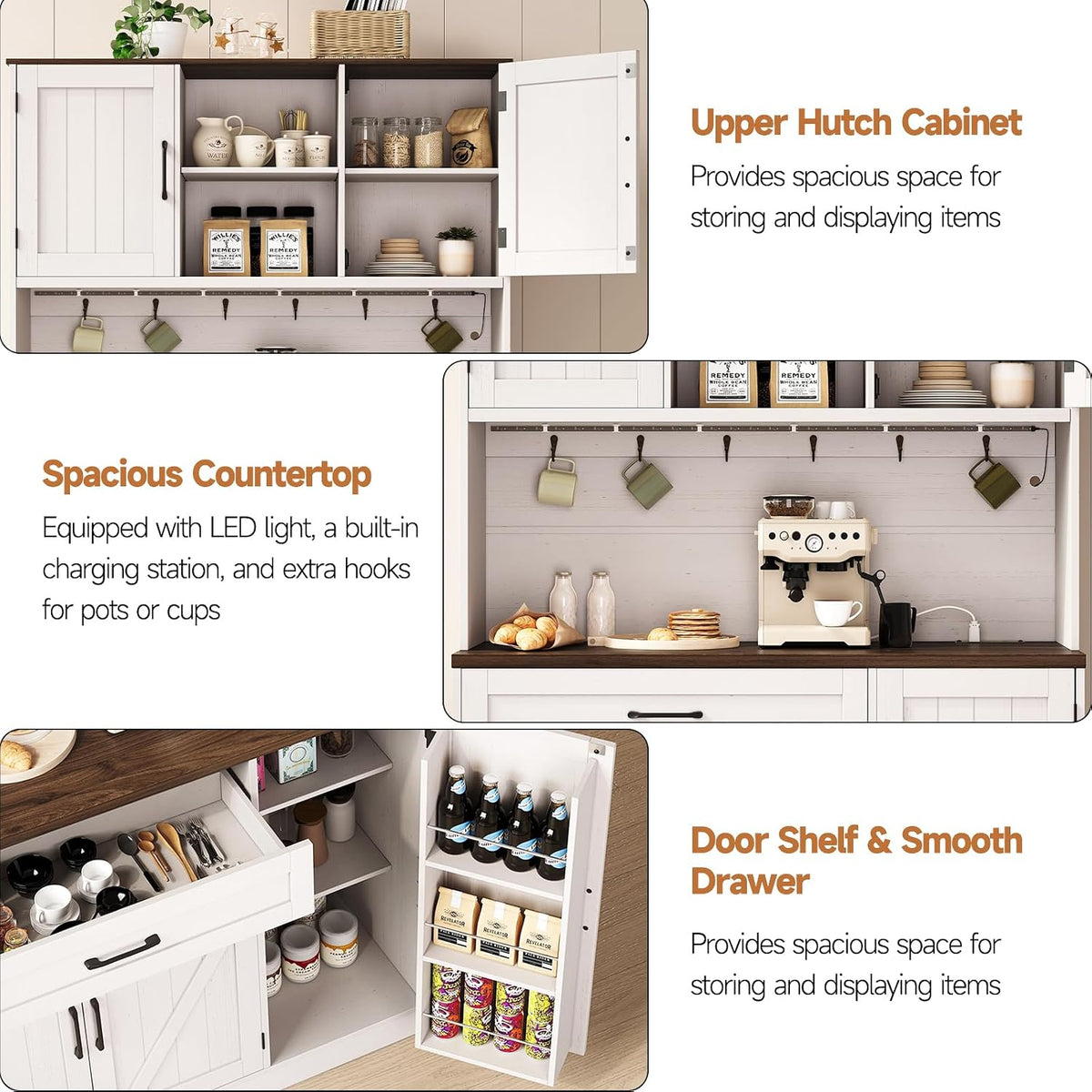 ONBRILL 71" Kitchen Pantry Cabinet with LED Light/Outlet, Off White+Walnut | Pantry Cabinet, Kitchen Hutch with Microwave Shelf & 6 Hooks, Door Shelves & Drawer & Adjustable Shelves, for Dining Room