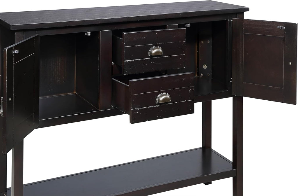 Knocbel Vintage Console Table with 2 Drawers, 2 Storage Cabinets and Bottom Open Shelf, Entryway Hallway Sofa Table Dining Room Buffet Sideboard, 48" W x 14" D x 34" H (Espresso)
