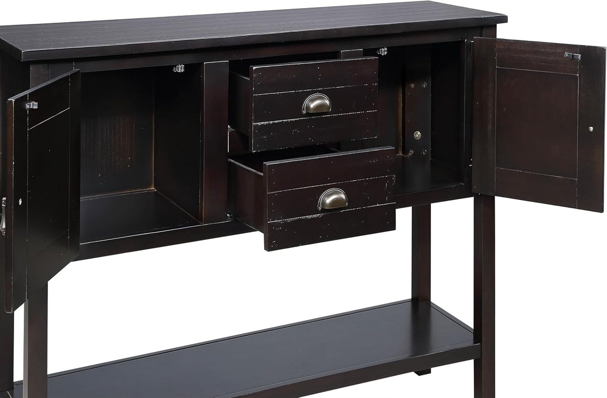 Knocbel Vintage Console Table with 2 Drawers, 2 Storage Cabinets and Bottom Open Shelf, Entryway Hallway Sofa Table Dining Room Buffet Sideboard, 48" W x 14" D x 34" H (Espresso)