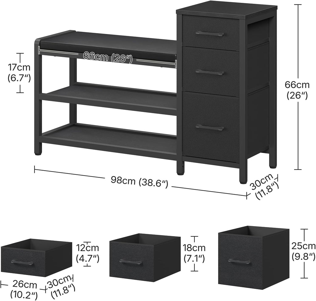 YATINEY Entryway Bench with Shoe Storage, 3-Tier Shoe Rack Bench with Wooden Shelves and 3 Non-Woven Drawers, PU Padded Shoe Storage Bench for Entryway, Bedroom, Black HX07BB