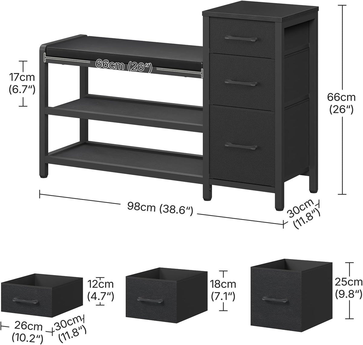 YATINEY Entryway Bench with Shoe Storage, 3-Tier Shoe Rack Bench with Wooden Shelves and 3 Non-Woven Drawers, PU Padded Shoe Storage Bench for Entryway, Bedroom, Black HX07BB