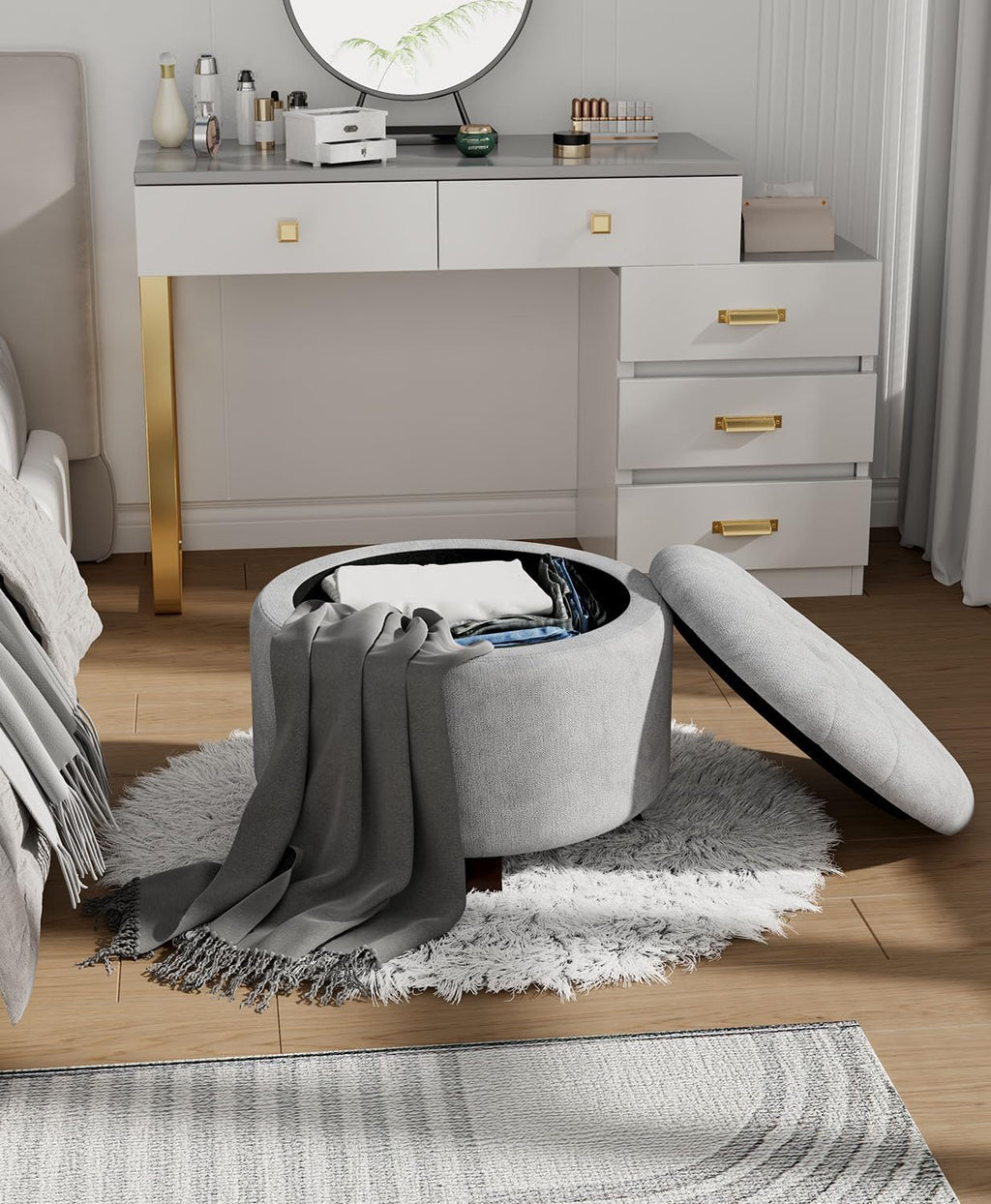 OS MOTOR Round Storage Ottoman Bench, Light Gray, 25 Inches | Multi-Functional Ottoman Foot Rest, End of Bed Bench, Storage Chest, Living Room, Bedroom, Hallway, Entryway, 300 lb Capacity