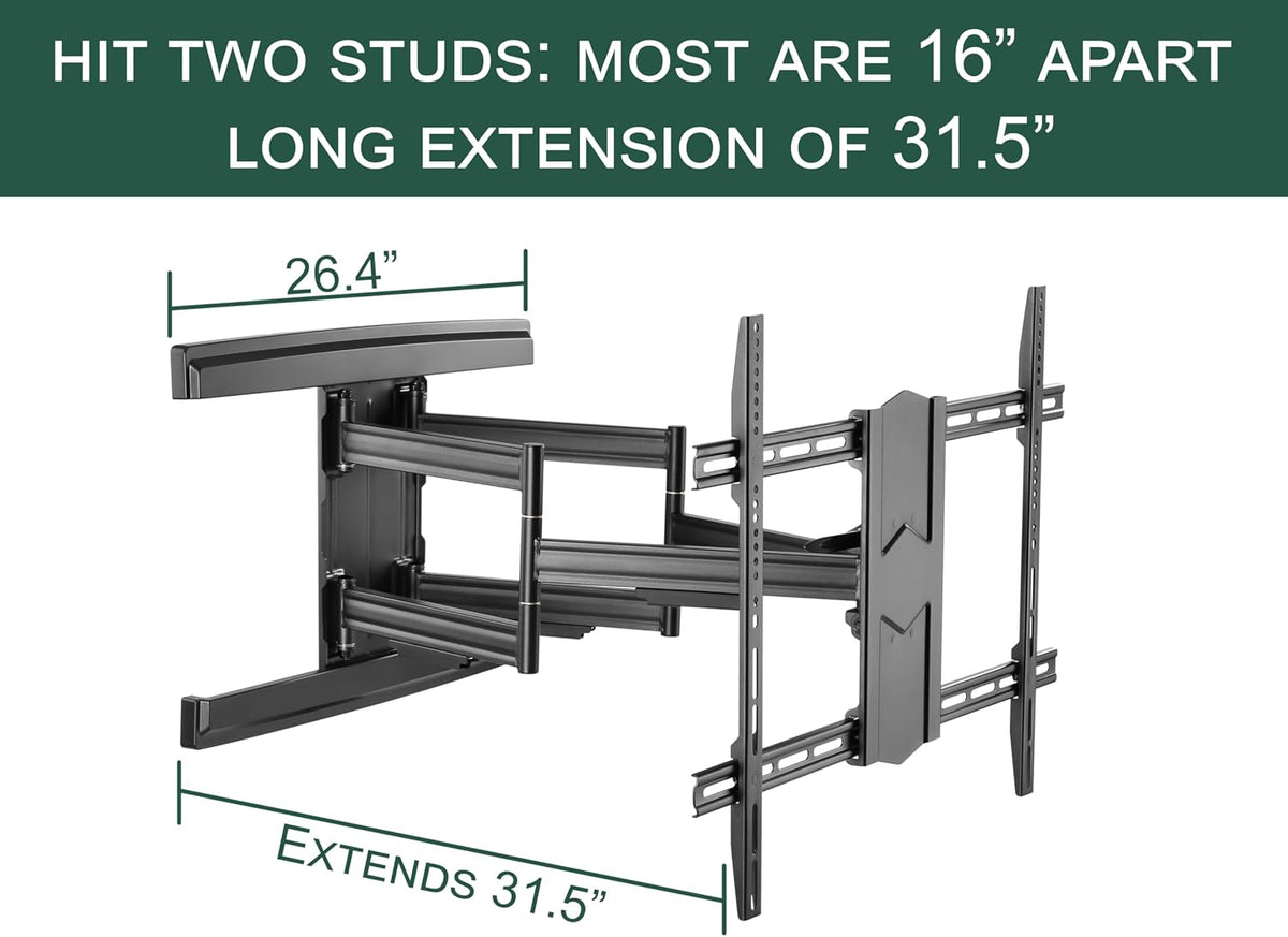 ynVISION.DESIGN Heavy Duty Full Motion TV Wall Mount for 65-100" TVs, XXL | Extends up to 31.5in, tilt swivel leveling, max VESA 800x600, fits flat, LED, LCD, OLED, 4K TVs, Max 154 LBS