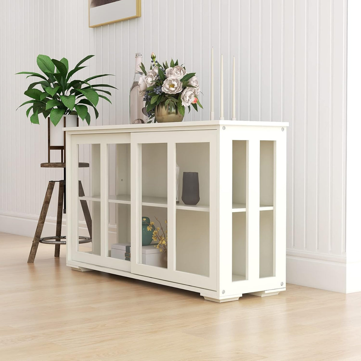 White Sideboard Buffet Cabinet with Sliding Glass Doors, Storage Credenza with Adjustable Shelves, Kitchen Pantry Cupboard Console Cabinet for Dining Room Living Room Entryway