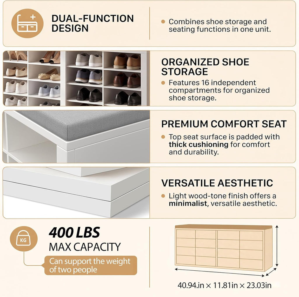 Shoe Rack Bench, Shoe Storage Bench with Cushion, Shoe Organizer 16 Cubbies for Entryway Hallway Bedroom Living Room, Holds Up to 400lbs