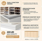 Shoe Rack Bench, Shoe Storage Bench with Cushion, Shoe Organizer 16 Cubbies for Entryway Hallway Bedroom Living Room, Holds Up to 400lbs