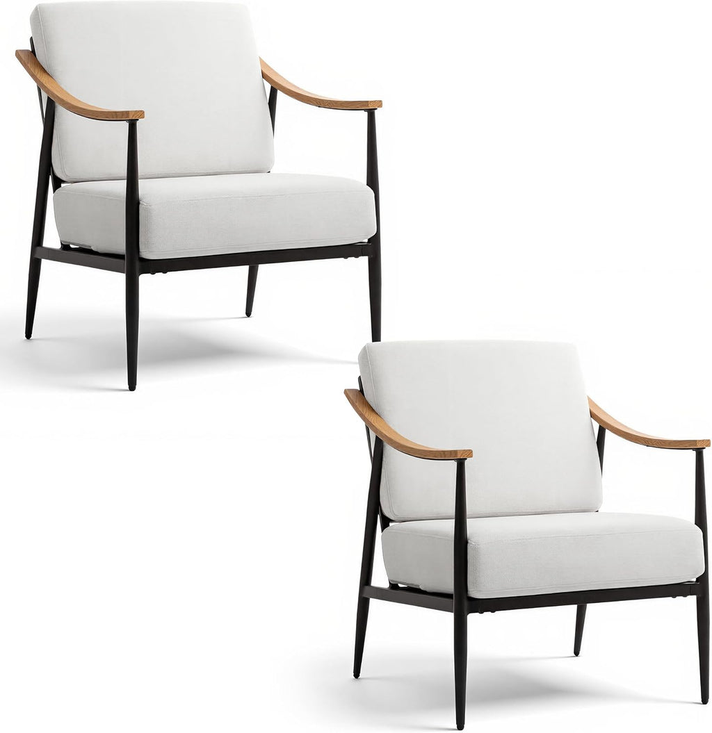 RNKSFX Modern Accent Chairs Set of 2 for Living Room Bedroom Mid Century Arm Chairs Upholstered Office Accent Chairs Comfy Waiting Room Chairs with Metal Frame, Cream White