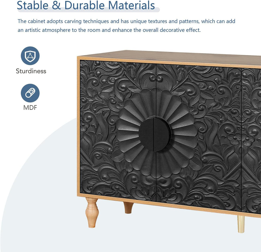 63" Sideboard Buffet Credenzas for Living Room, Black+Natural Entryway Table with Storage Accent Cabinet, Carved Flowers Doors & Wire Holes