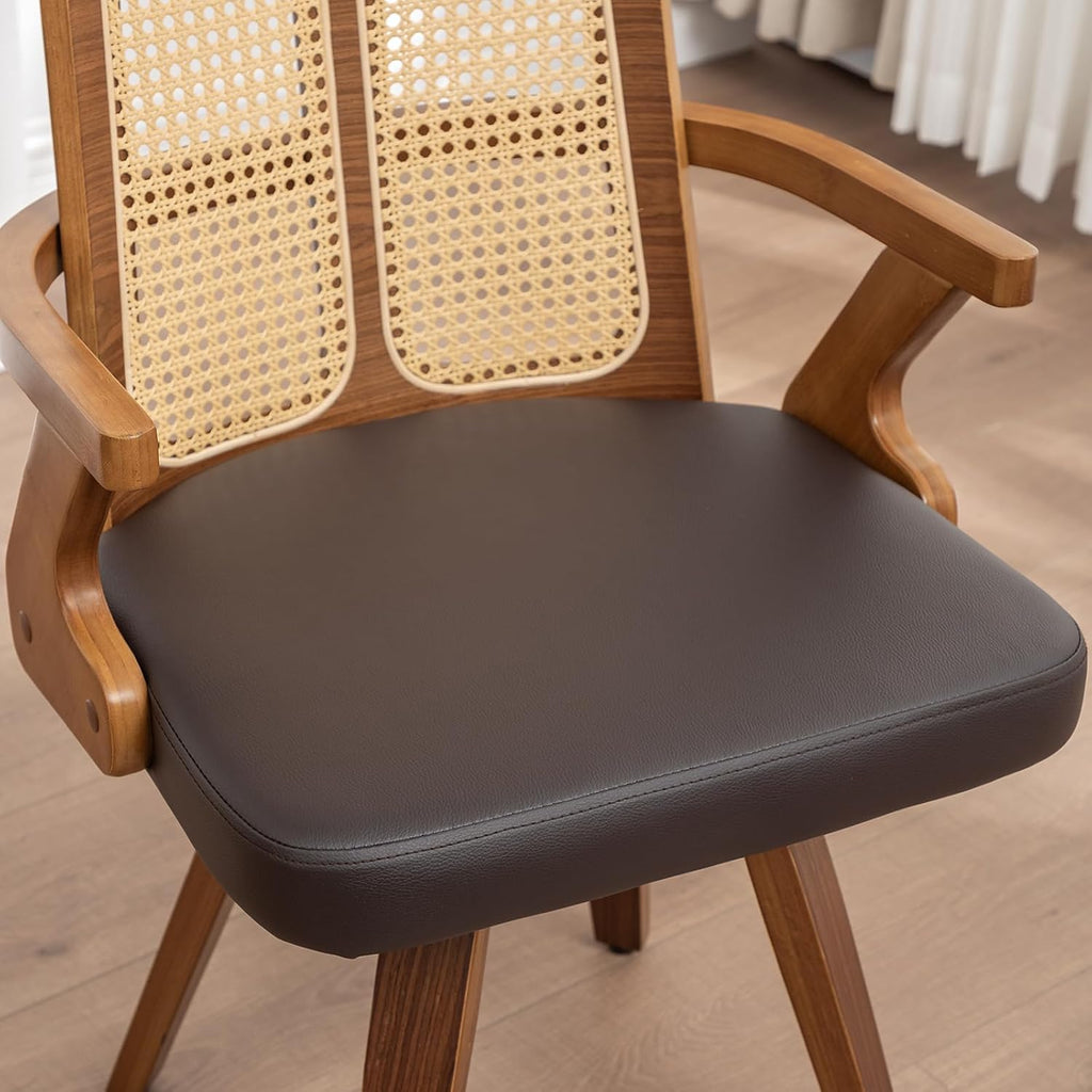 Walnut Dining Chairs - Swivel Rattan Dining Chairs with Bentwood Frame with Ergonomic Cane Back, Curved Arms, MCM Dining Chairs for Kitchen/Restaurant/Living Room/Conference (Walnut Brown, Set of 2)