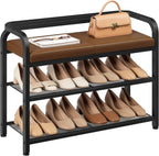 YATINEY Shoe Bench with Backrest, Entryway Bench, 2-Tier Shoe Rack with PU Padded Seat, Upholstered Shoe Storage Bench with Back, for Hallway, Entryway, Foyer, Bedroom, Brown and Black HX04BV