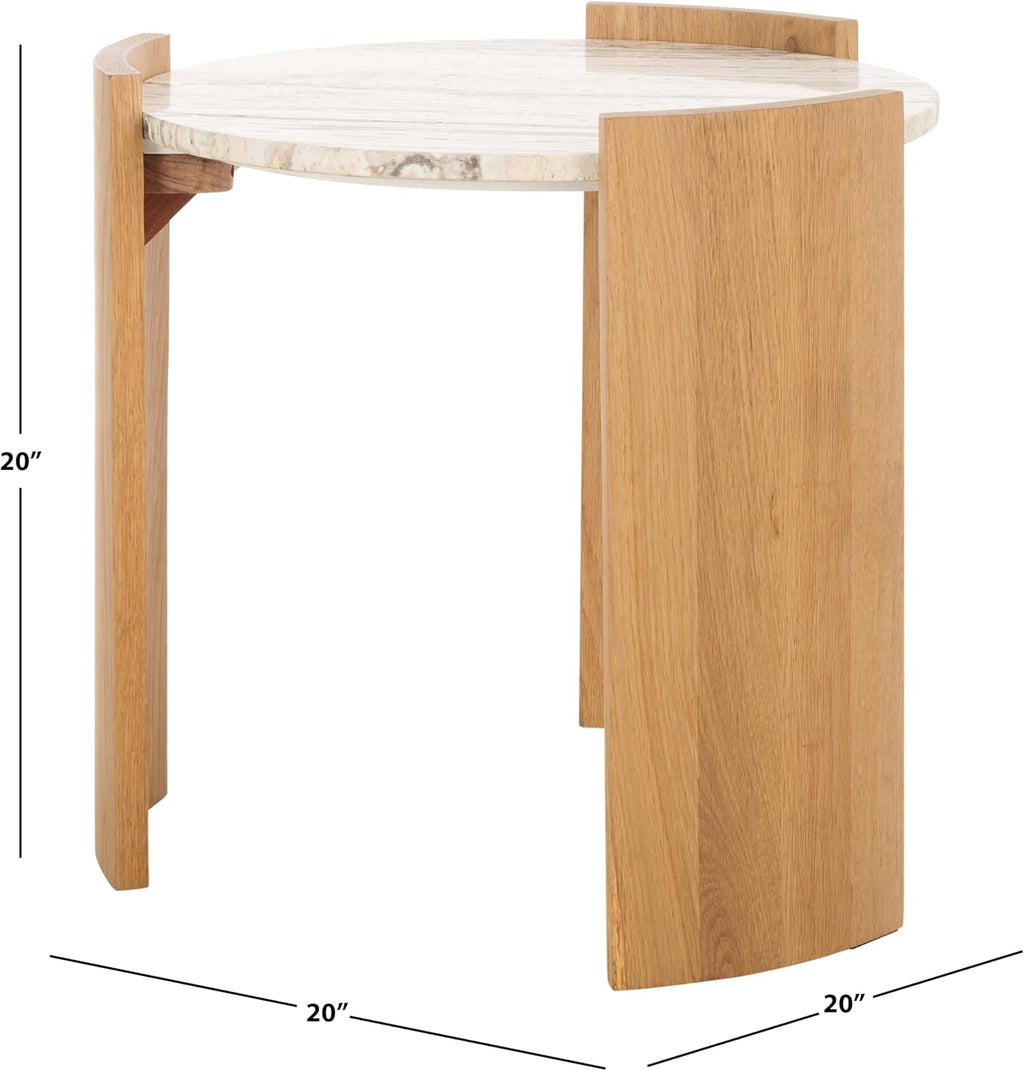 SAFAVIEH Couture Collection - Damarcus Travertine & Solid Wood Accent Table, Round Top, Classic Sculptural Design (SFV9705A)