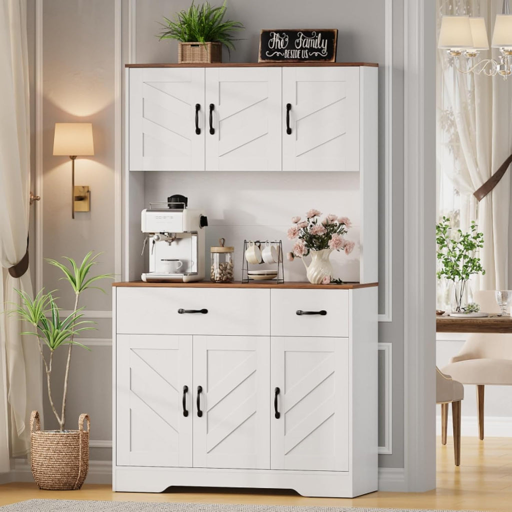 Garvee 71" Kitchen Pantry Cabinet with Charging Station, Kitchen Hutch Storage Cabinet with Large Countertop & 2 Drawers, Wood Farmhouse Food Pantry Cabinet for Dining Room, Living Room, White