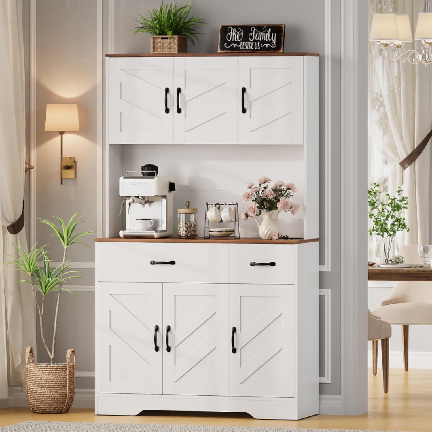 Garvee 71" Kitchen Pantry Cabinet with Charging Station, Kitchen Hutch Storage Cabinet with Large Countertop & 2 Drawers, Wood Farmhouse Food Pantry Cabinet for Dining Room, Living Room, White