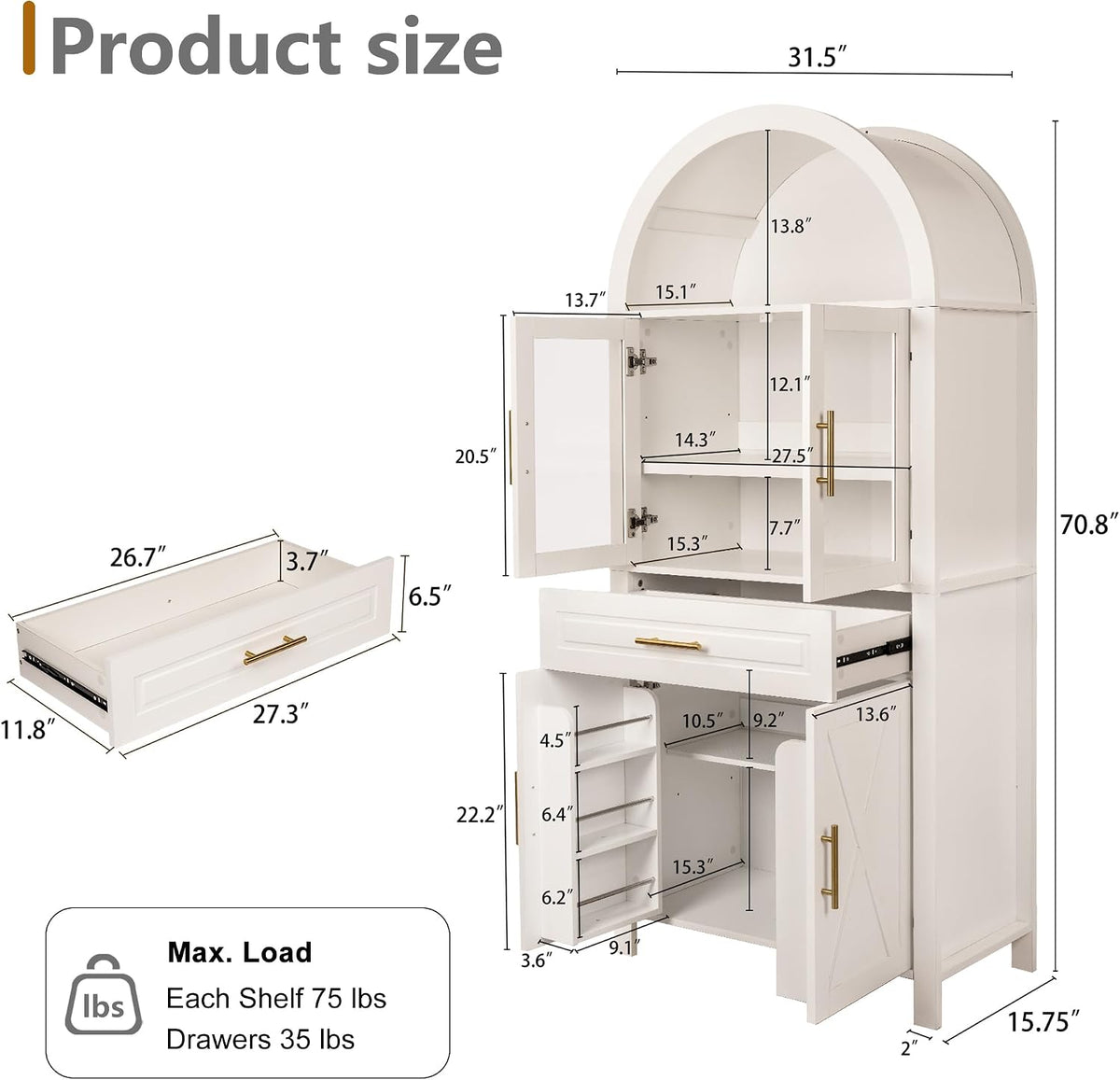 71" Tall Arched Kitchen Pantry Cabinet, Farmhouse Pantry Cabinet with Glass Door & 6 Internal Storage Racks, Adjustable Shelves Storage Cabinets for Kitchen, Living Room, Dining Room, Bathroom