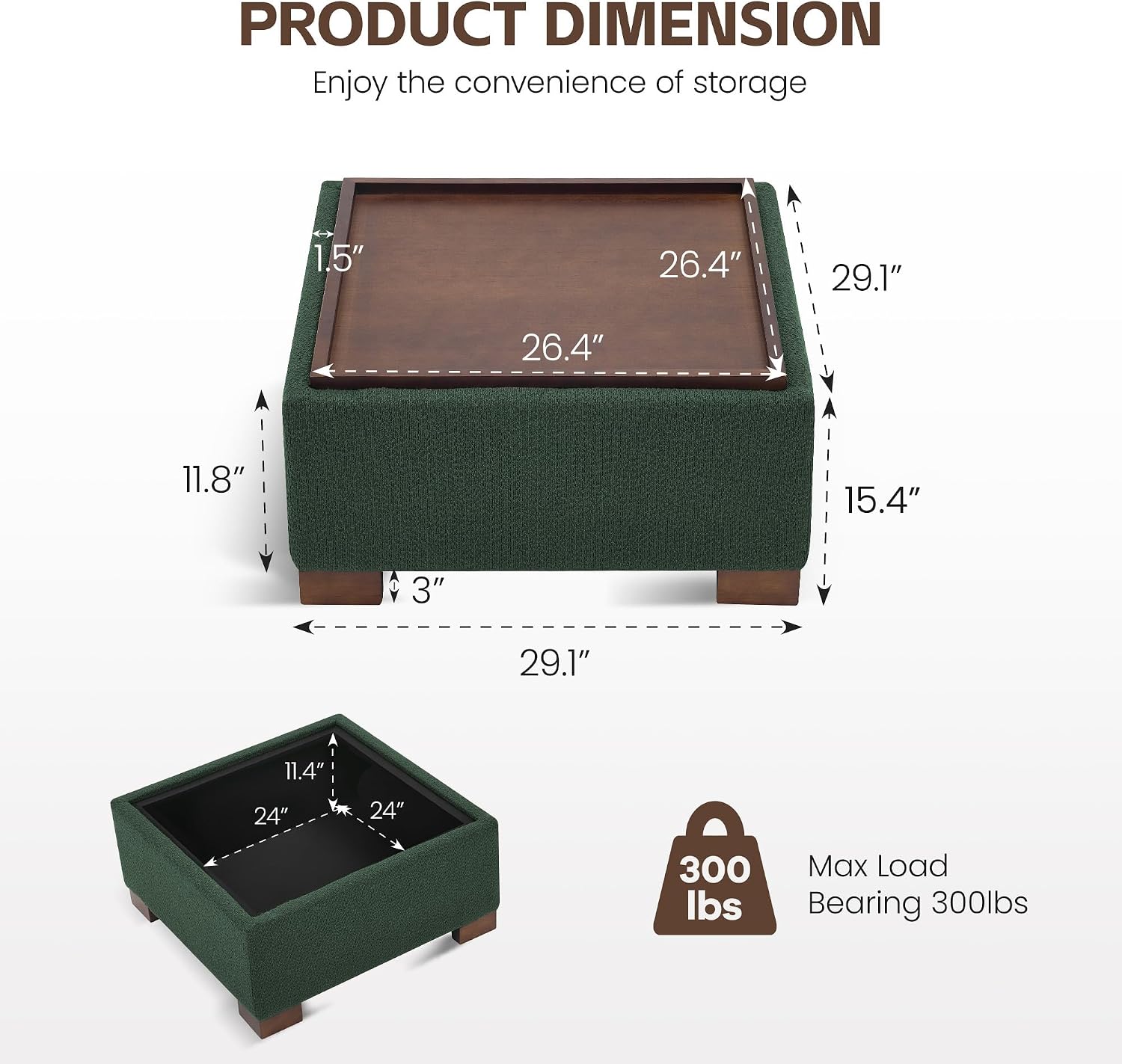 WUTUTUEE 30" Square Ottoman Coffee Table with Storage, Boucle Ottomans with Tray and Solid Wood Legs for Living Room, Bedroom and Apartments, Oversize Modern Ottoman Tea Table with Lift-Off Lid, Green