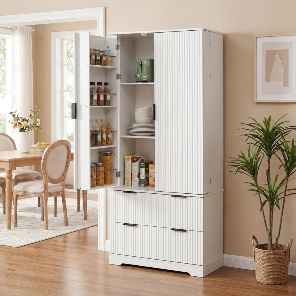 Hassyee 72" Modern Fluted Kitchen Pantry Cabinet with 2 Large Drawers & 8-Door Spice Rack, Freestanding Storage Organizer for Bathroom, Dining Room, Office, Entryway, White