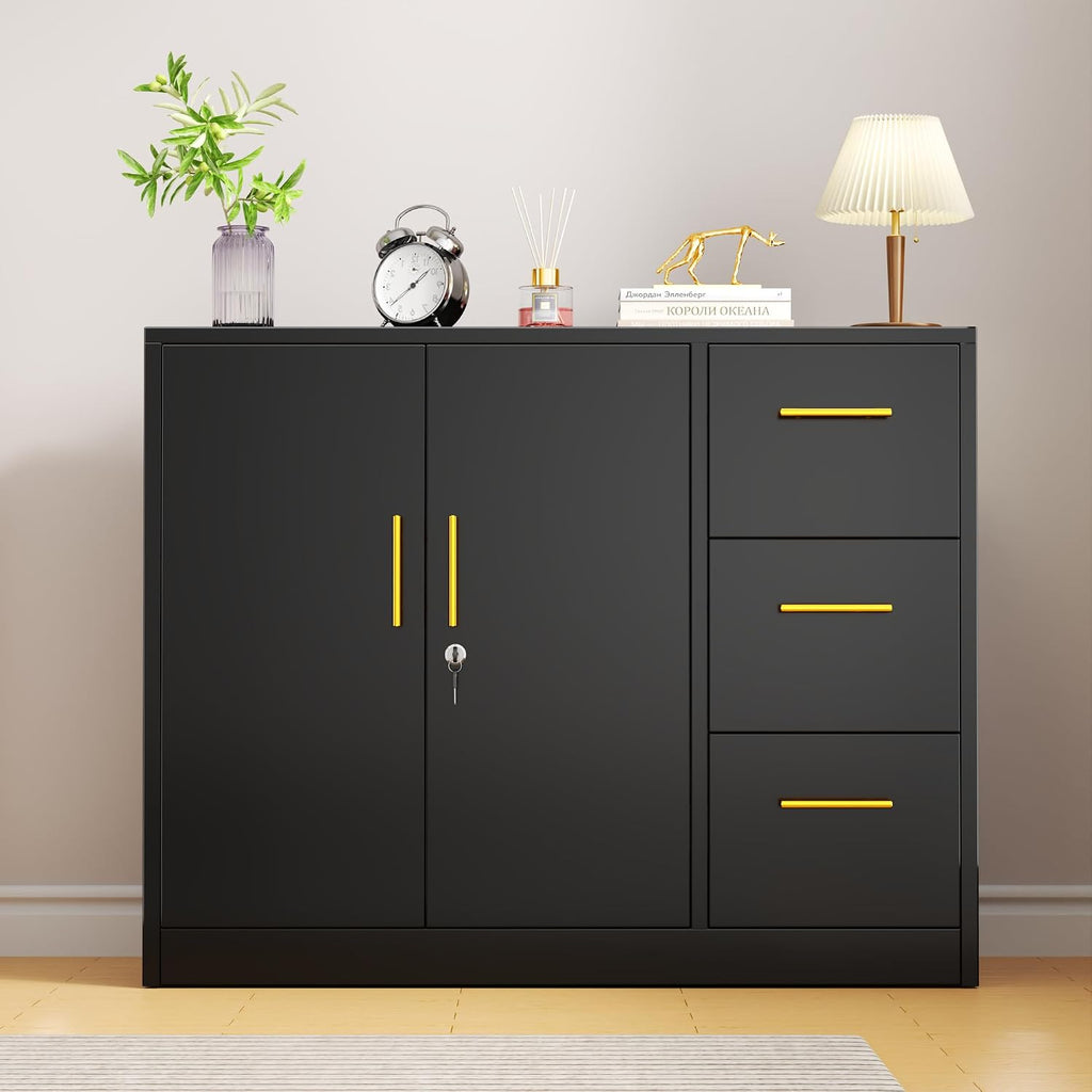 Tokawa Large Metal Office Storage Cabinet with 3 Drawers & 2 Doors, 46.46" Wide Credenza with Gold Handles, Stationary Sideboard & Printer Stand for Home Office, Black 1