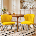 Velvet Dining Chairs Set of 2, Modern Upholstered Vanity Chairs with Golden Metal Legs for Dining Room Kitchen Vanity Patio (Yellow)