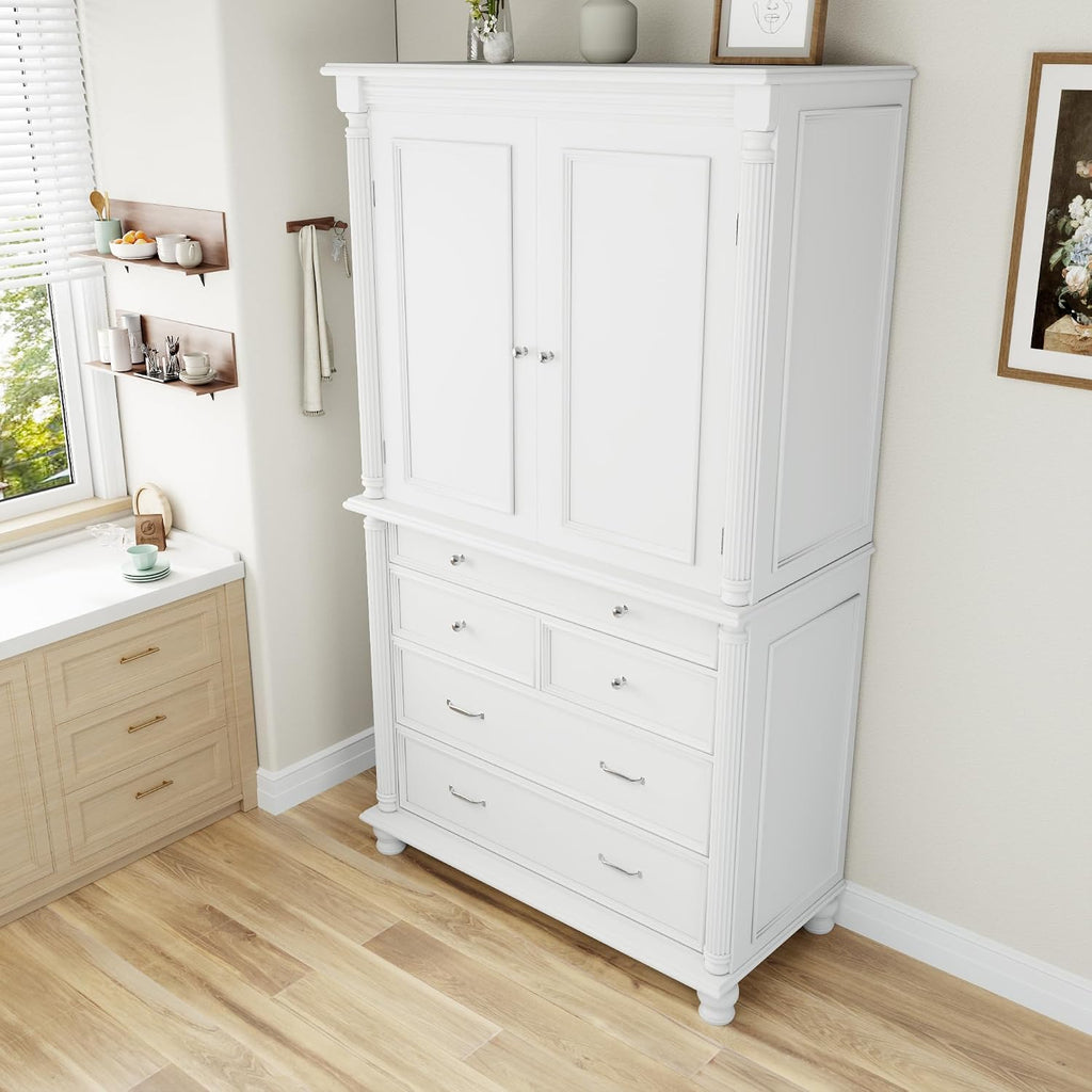 Freestanding Large Kitchen Pantry,Tall Storage Cabinet Cupboard with 6 Door Shelves, 2 Adjustable Shelves and 5 Drawers,for Dining Room (White-W)