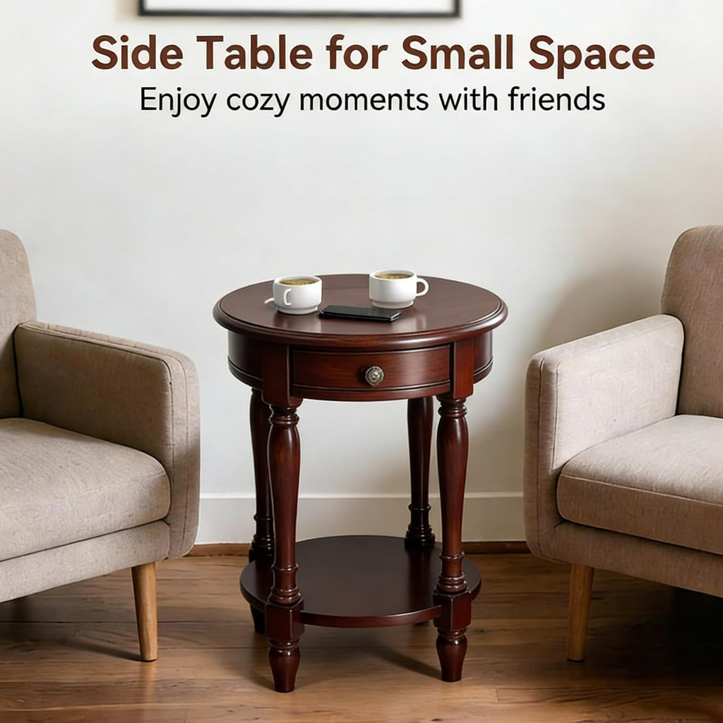 YUNMUAIR-Solid Wood End Table,Round Side Table with Drawers,Vintage Nightstand,Sofa Side Tables with Storage Shelf,Traditional Retro End Tables for Small Spaces,Living Room,Bedroom,Dark Brown