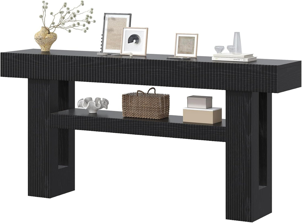 Bigbiglife 63" Fluted Console Table, Black | 2-Tier with Storage Shelves, Narrow Long Wood Design, For Entryway, Living Room, Hallway, Behind Couch or Sofa Table