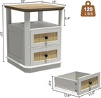 REDAYFUR End Table with Charging Station, 18" Small Modern Farmhouse Nightstand with Rattan Drawers, Tall Bedside Table & 2-Drawer Dresser for Bedroom, Living Room, Hallway, White