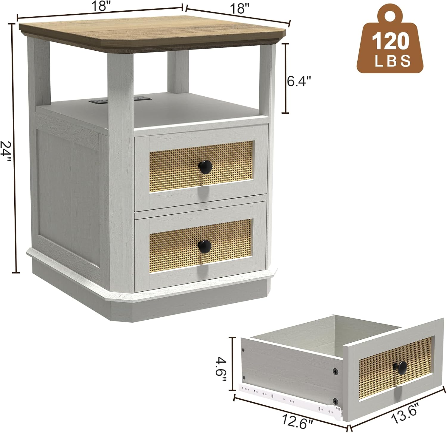 REDAYFUR End Table with Charging Station, 18" Small Modern Farmhouse Nightstand with Rattan Drawers, Tall Bedside Table & 2-Drawer Dresser for Bedroom, Living Room, Hallway, White