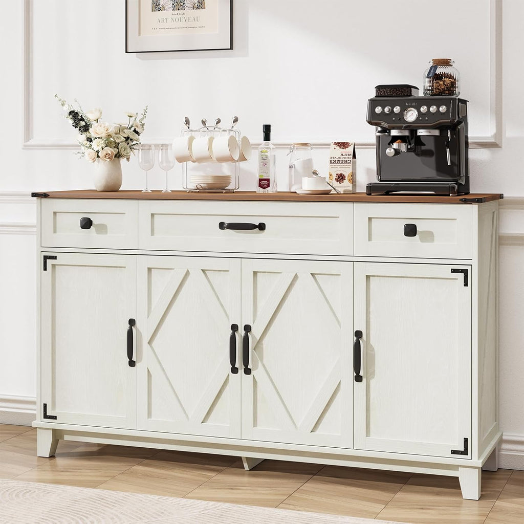 Farmhouse Buffet Cabinet with Drawers, 55" Large Sideboard Kitchen Buffet Storage Cabinet with 3 Adjustable Shelves and Doors Heightened Table Wood Coffee Bar for Kitchen Living Room, Off-White