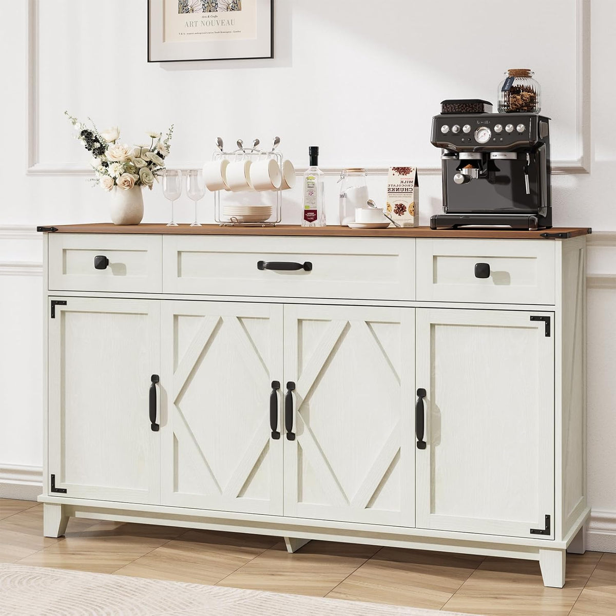 Farmhouse Buffet Cabinet with Drawers, 55" Large Sideboard Kitchen Buffet Storage Cabinet with 3 Adjustable Shelves and Doors Heightened Table Wood Coffee Bar for Kitchen Living Room, Off-White