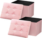 AmasSmile 2PC Storage Ottoman Foot Rest Stool, 17 inch Velvet Footstool Bench, Short Ottomans Stool, Small Folding Storage Ottoman Store Books, Records, Pink