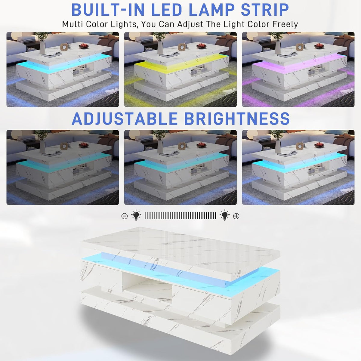47.2 Inch Modern High Glossy LED Coffee Table with 2 Sliding Drawers, Double-Layer Center Tables with LED Lights for Livings Room Furniture, White