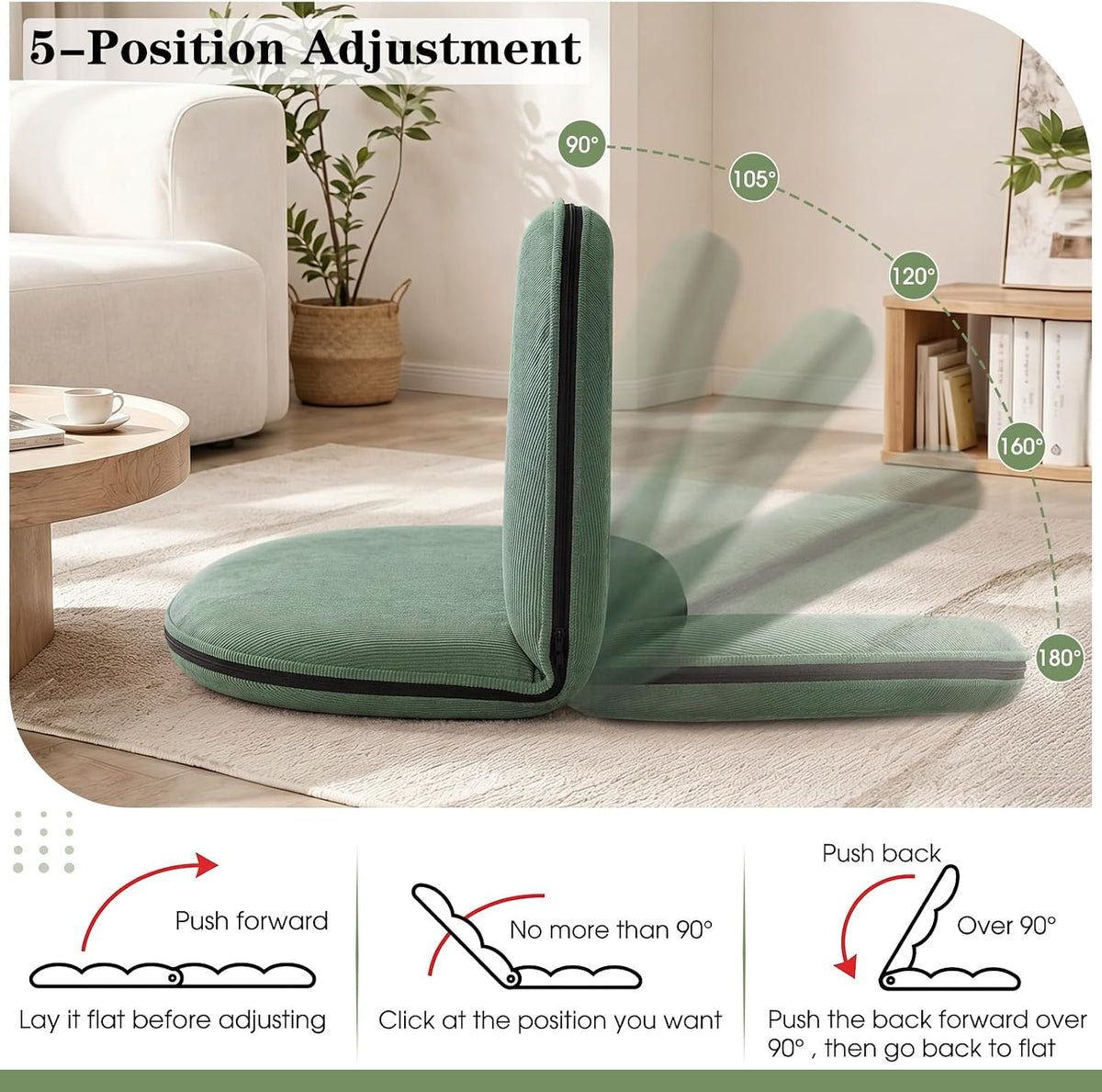 Xuhal Floor Chair with Back Support Adjustable 5 Foldable Position Floor Seat Thick Padded Tatami Seat Flexible Bleacher Recliner for Living Room Beach Bedroom Adults Meditation Reading Gaming(Green)