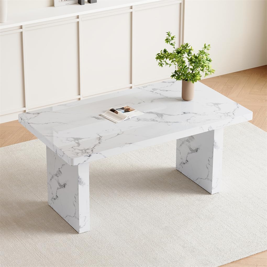 63" Marble Grain Dining Table, Modern Dining Table for 4/6, Dining Room Table?White, Easy Assembly