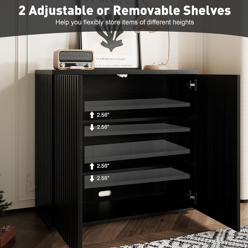 Rophefx Fluted Sideboard Cabinet, Buffet Cabinet with Storage, Credenza Storage Cabinets with Adjustable Shelf, Wood Entryway Cabinets with Pop-up Doors for Living Room, Entryway, Hallway, Black