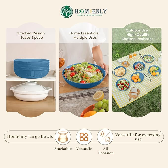 Homienly Large Wheat Straw Salad Bowls - Set of 6, 65 OZ, 10 Inch, Microwave & Dishwasher Safe - Navy Blue