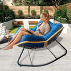 Larger Outdoor Rocking Chair, Rattan Wicker Lounge Chair, for Bedroom, Living Room, Porch, Garden,Lawn-Beige (Black+Blue + Metal + Cotton)